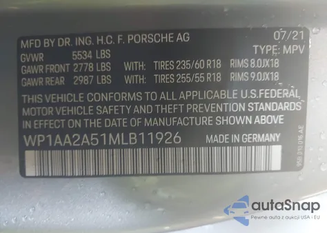 2021 Porsche Macan из США, поврежденный, VIN WP1AA2A51MLB11926